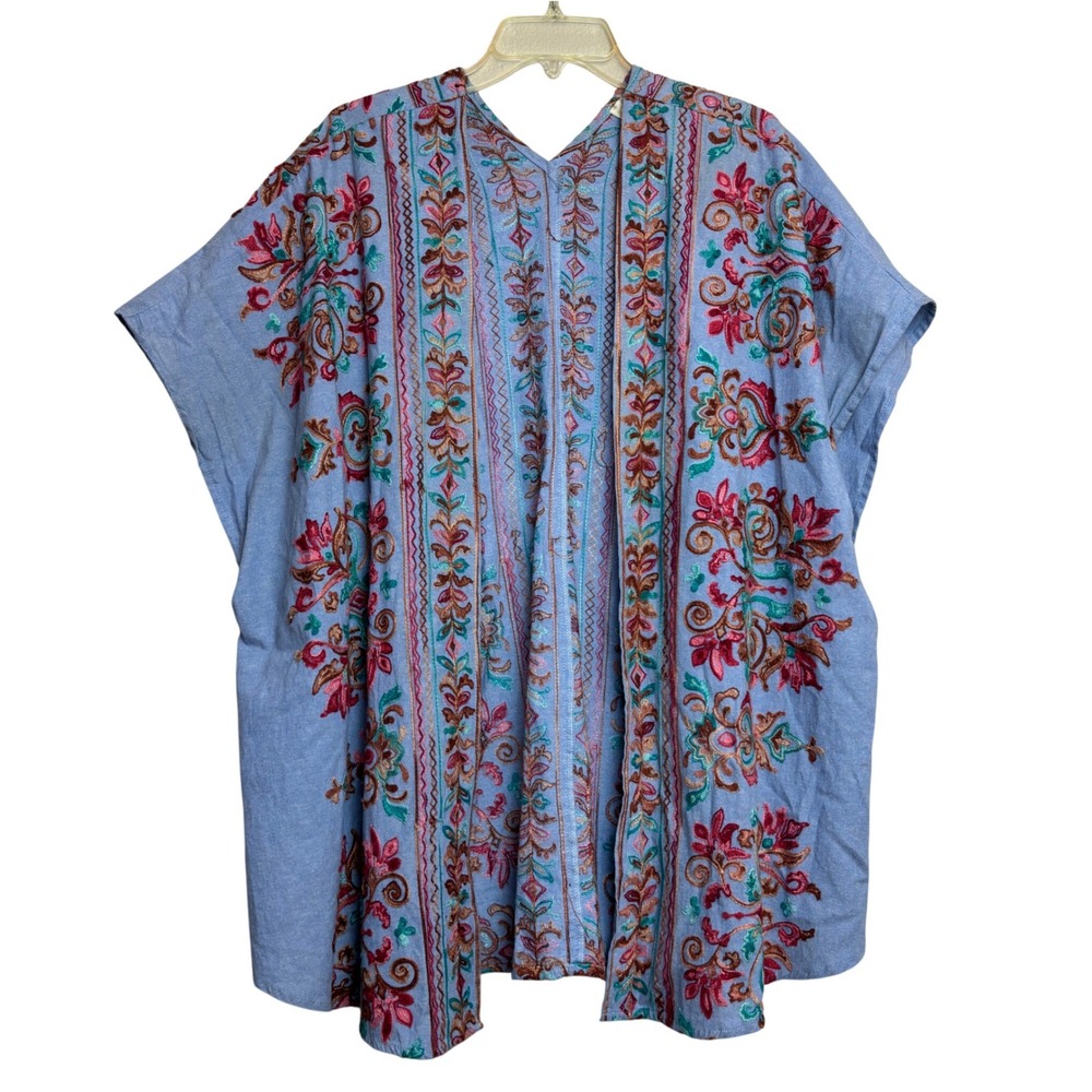 Umgee Kimono Wrap Womens S/M Blue Embroidered Floral Boho Festival Coastal Folk - Picture 1 of 13